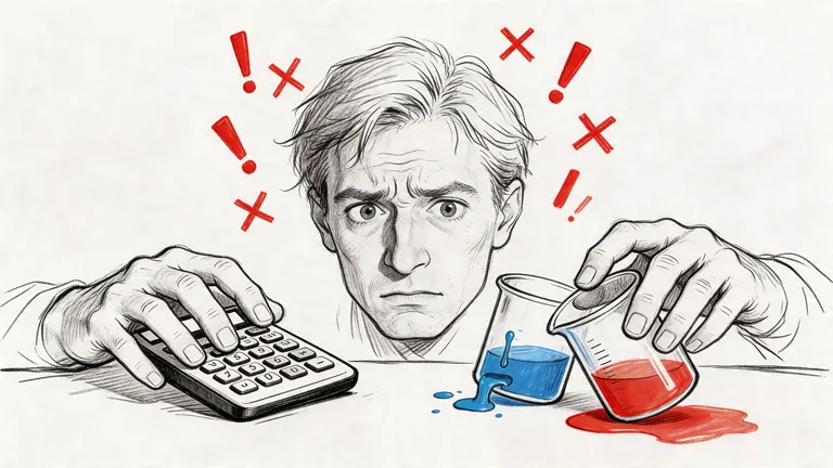 A confused scientist holding beakers of liquid while using a calculator, reflecting a lab mistake.