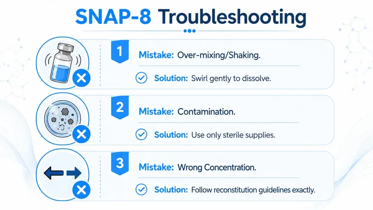 An infographic titled SNAP-8 Troubleshooting showing three common mistakes and their respective solutions for using the peptide.