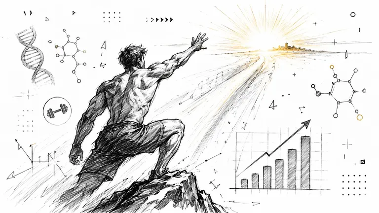 A sketched illustration of a muscular man looking toward a bright horizon, surrounded by scientific and business icons.