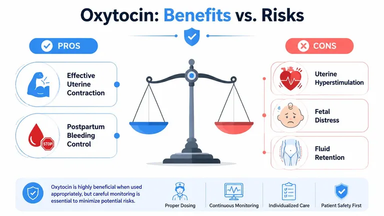 A comparative infographic highlighting the medical benefits and risks associated with oxytocin, including essential safety considerations.