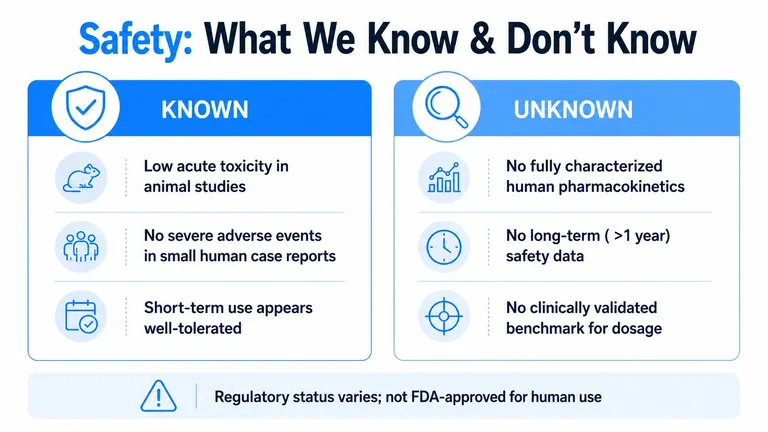 A safety information infographic comparing known benefits and unknown risks regarding a medical or supplemental treatment.