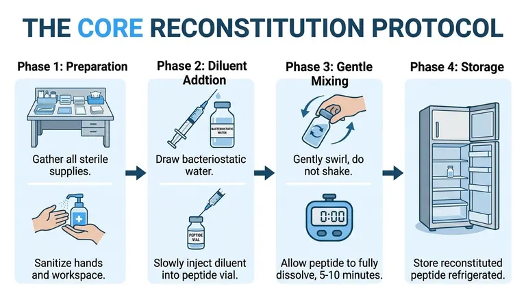 An infographic detailing the four phases of the core reconstitution protocol for medical peptides using bacteriostatic water.