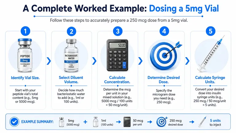 A step-by-step infographic showing how to calculate and prepare a 250 mcg dose from a 5mg peptide vial.