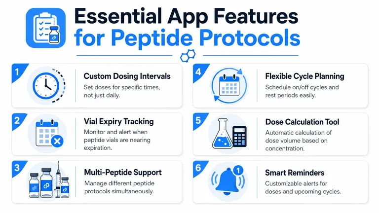 An infographic detailing six essential features for a mobile app designed to track and manage peptide protocols.