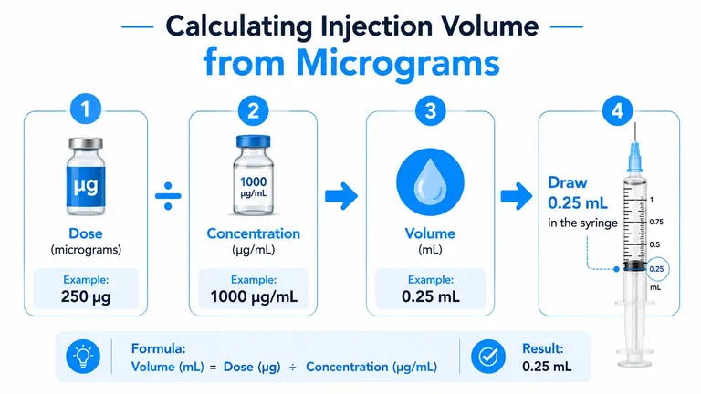 A four-step infographic showing how to calculate injection volume from micrograms using a simple division formula.