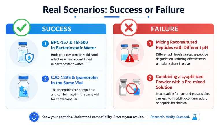 An infographic showing examples of successful and failed peptide combinations for research purposes and safety.