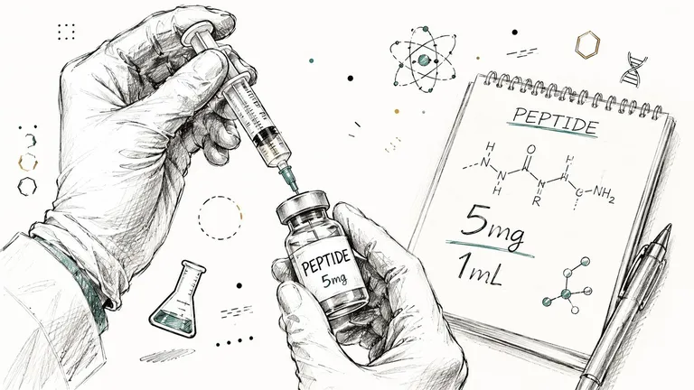 A detailed medical illustration showing gloved hands drawing a 5mg dose of peptide from a glass vial.