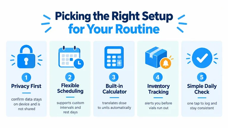 An infographic titled Picking the Right Setup for Your Routine, highlighting five key features for health tracking.