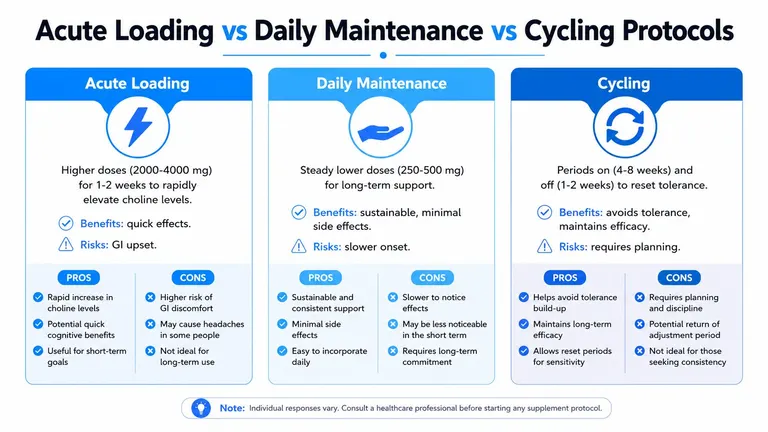 A comparison chart outlining different supplementation protocols: acute loading, daily maintenance, and cycling for choline levels.