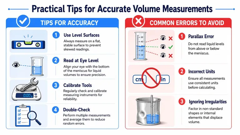An infographic showing practical tips for accurate volume measurement versus common errors to avoid during scientific experiments.