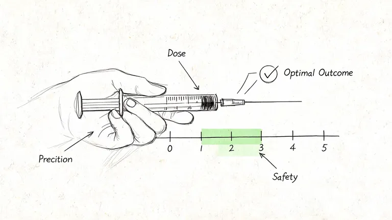 A hand holding a syringe over a chart showing dose, precision, safety, and optimal outcome.
