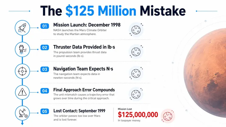 An infographic detailing the Mars Climate Orbiter failure caused by unit conversion errors in 1999.