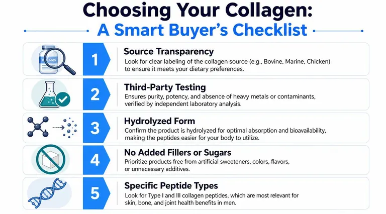 A five-point checklist for choosing high-quality collagen supplements, covering source, testing, hydrolyzed form, fillers, and peptide types.