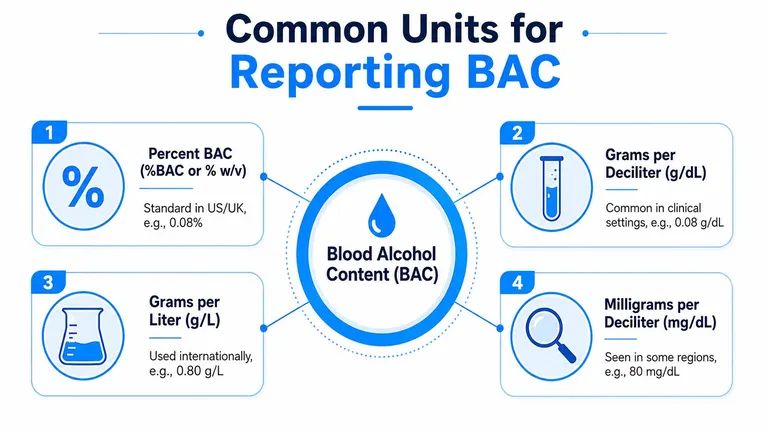 An infographic displaying four common international units used for measuring and reporting Blood Alcohol Content (BAC).