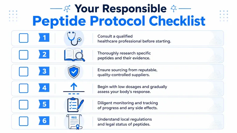A checklist titled Your Responsible Peptide Protocol, featuring six safety steps for peptide use in light blue.