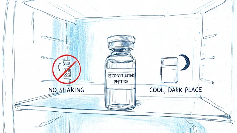 A diagram inside a refrigerator showing instructions to store reconstituted peptide safely without shaking.