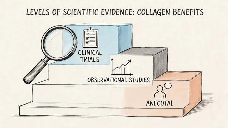 A diagram illustrating the hierarchy of scientific evidence for collagen benefits, starting from anecdotal to clinical trials.