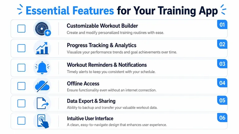 A list of six essential features for a mobile training app, including workout building and progress tracking.