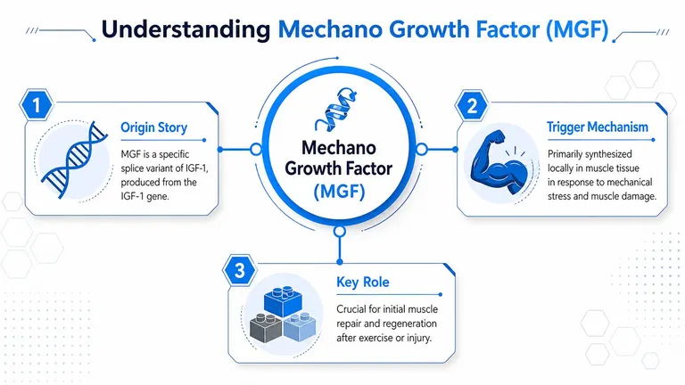 An infographic titled Understanding Mechano Growth Factor explaining its origin, trigger mechanisms, and key role in muscle repair.