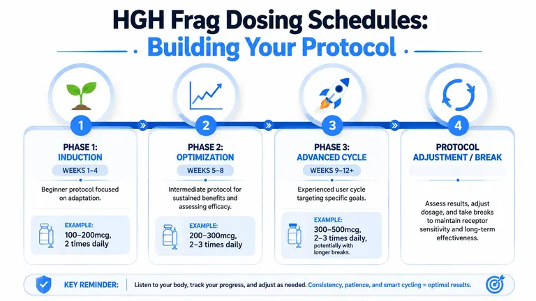 An infographic illustrating a four-phase HGH Frag dosing schedule for induction, optimization, and advanced cycling.