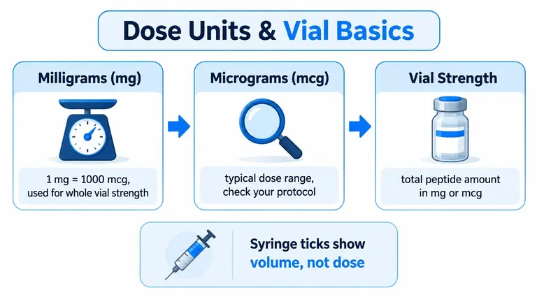 An infographic explaining dosage units, vial strength, and how syringe volume differs from medication dose.