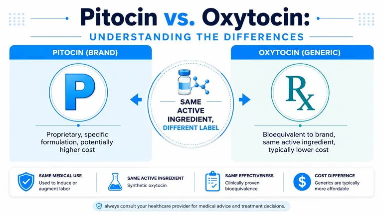 A comparison infographic between the brand drug Pitocin and the generic equivalent drug, Oxytocin.