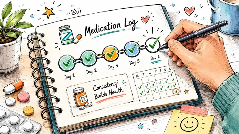A hand filling out a medication log in a notebook with checks on a habit tracker.