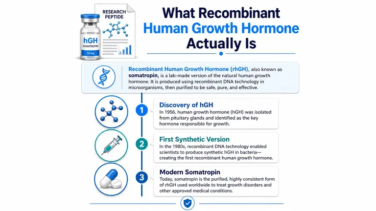 An infographic explaining the history and production of recombinant human growth hormone and somatropin through three stages.
