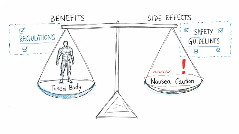 A conceptual scale illustration comparing the physical benefits of a toned body against potential side effects like nausea.