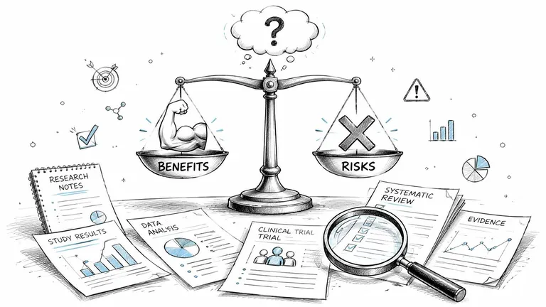 A conceptual illustration weighing the benefits and risks of medical research and clinical trials.