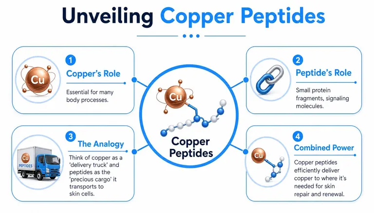 An infographic explaining how copper peptides function by delivering copper for skin repair and renewal processes.