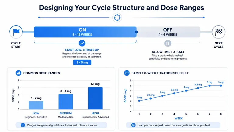 A diagram outlining the cycle structure, dose ranges, and an eight-week titration schedule for peptide use.