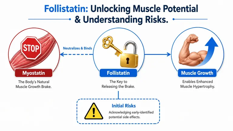 A diagram illustrating how follistatin blocks myostatin to promote muscle hypertrophy while acknowledging potential health risks.