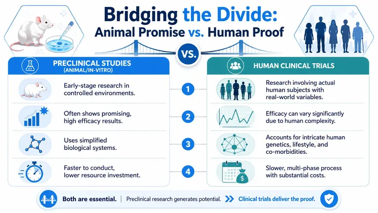 A comparison chart showing differences between preclinical animal studies and human clinical trials in medical research.