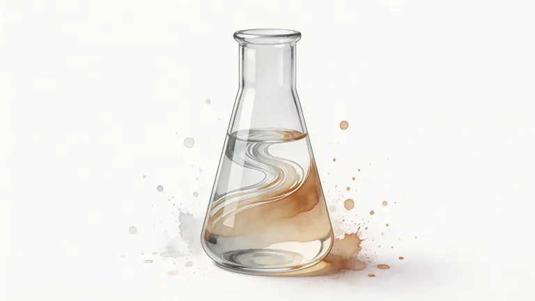 A laboratory flask filled with liquid containing swirling brown watercolor patterns on a white background.