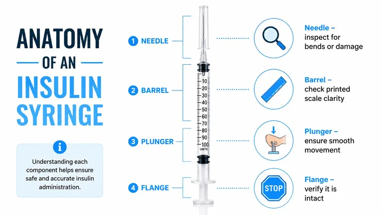 A labeled diagram showing the four main parts of an insulin syringe: needle, barrel, plunger, and flange.
