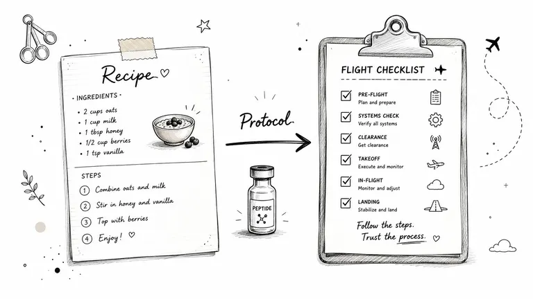 A hand-drawn illustration showing a recipe for oatmeal and a flight checklist side-by-side with a peptide vial.