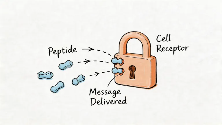 A diagram illustrating a peptide molecule interacting with a cell receptor, symbolizing a delivered cellular message.
