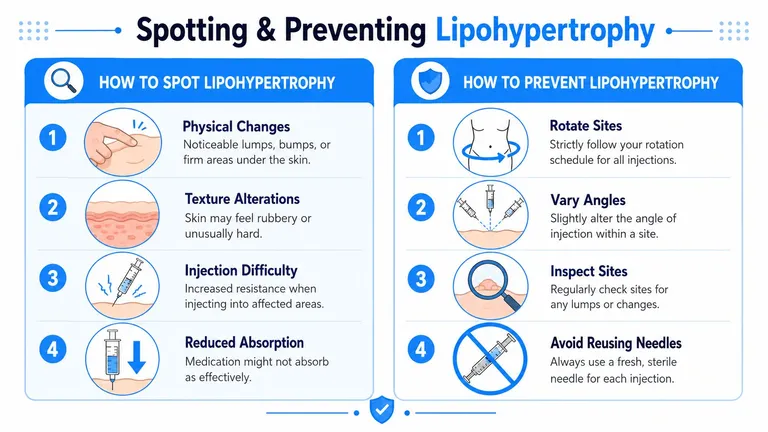 An infographic showing how to spot and prevent lipohypertrophy caused by insulin injection sites.
