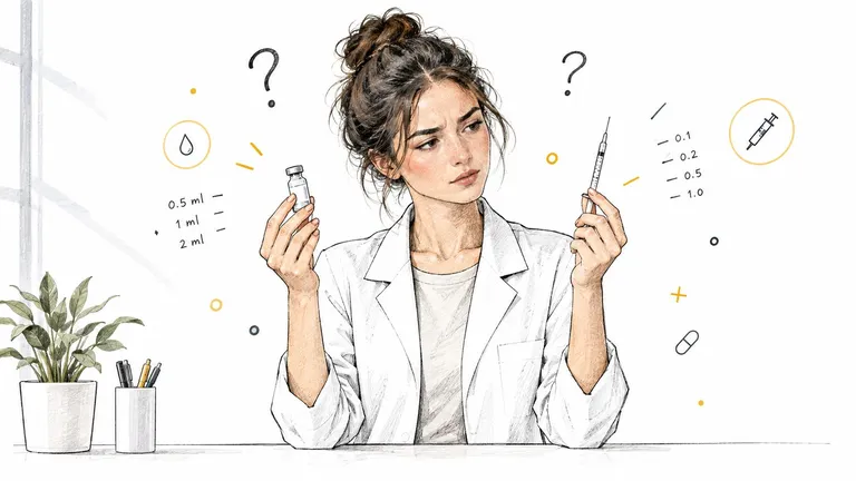 A female doctor in a lab coat looking confused between a medicine vial and a medical syringe.