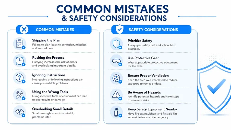 A helpful infographic comparing common mistakes versus recommended safety considerations for workplace procedures and project tasks.