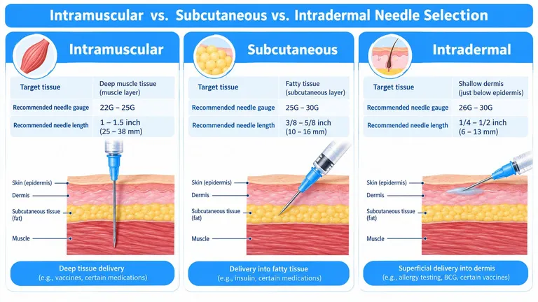 A medical infographic showing the differences in needle size and injection depth for intramuscular, subcutaneous, and intradermal injections.