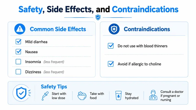 A safety infographic for CDP Choline showing common side effects, contraindications, and general safety tips for users.