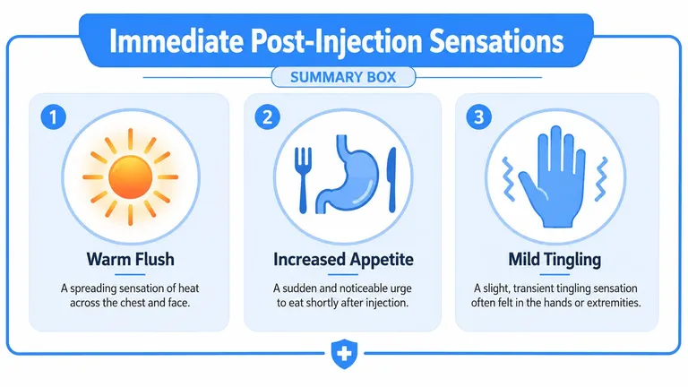 An infographic summarizing potential immediate post-injection sensations including warm flush, increased appetite, and mild tingling.