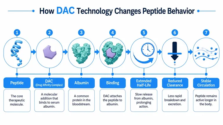 A diagram illustrating the seven-step process of how DAC technology binds peptides to albumin to improve stability.