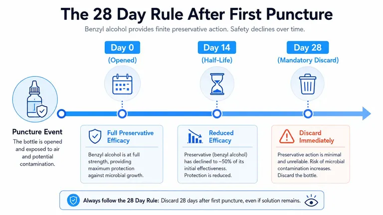 A timeline graphic explaining the 28-day shelf life safety rule for opened bottles containing benzyl alcohol.