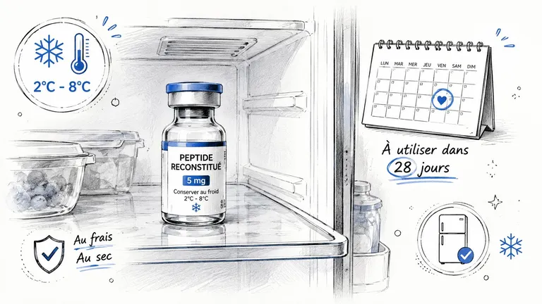 A vial of reconstituted peptide stored inside a refrigerator with temperature and usage instructions displayed.