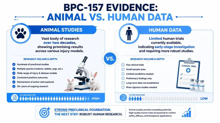 An infographic comparing extensive animal research with limited human clinical data for BPC-157 peptide applications.