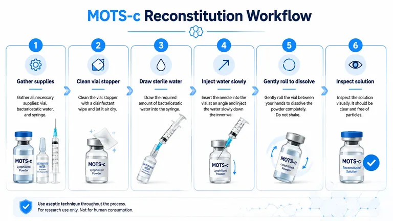 A six-step infographic guide explaining the professional workflow for reconstituting MOTS-c lyophilized powder with bacteriostatic water.
