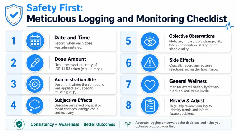 A safety checklist infographic for tracking IGF-1 LR3 usage, emphasizing health monitoring, documentation, and careful logging.